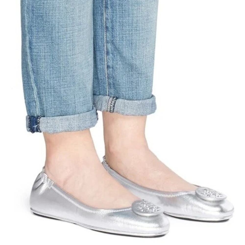 Tory Burch Minnie Flats Travel Ballet Slip On Leather Metallic Silver Size 6.5